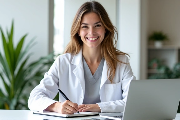 A friendly nutritionist smiling and writing notes, ready to help.