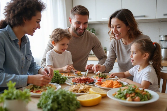 Diverse family eating together, representing family nutrition
